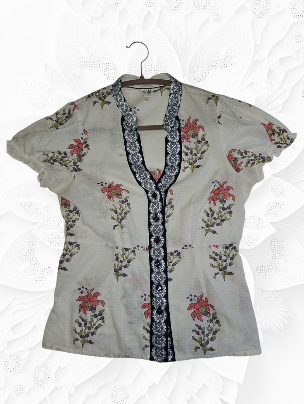 Anthropologie Edme & Esyllte Floral Lace Trim Blouse Size 10 Boho Peasant Top